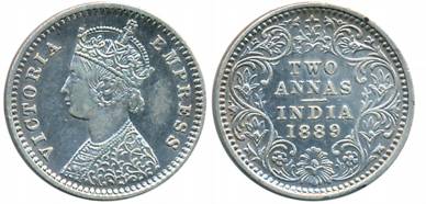 Victoria Empress, Silver 2 Anna, 1889, Bombay Mint, B/II/B incused (Prid# 542). About extr