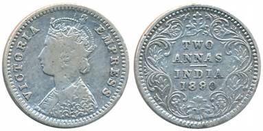 Victoria Empress, Silver 2 Anna, 1890, Bombay Mint, B/II (Prid# 543). About very fine, sca