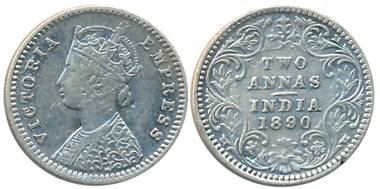 Victoria Empress, Silver 2 Anna, 1890, Bombay Mint, B/II/B raised (Prid# 544). About very 