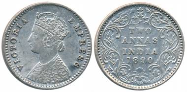 Victoria Empress, Silver 2 Anna, 1890, Bombay Mint, B/II/B incused (Prid# 545). About very