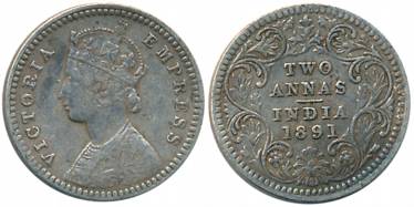 Victoria Empress, Silver 2 Anna, 1891, Calcutta Mint, B/II/C incused (Prid# 506). About ve