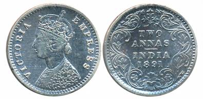 Victoria Empress, Silver 2 Anna, 1891, Bombay Mint, B/II/B incused (Prid# 546). About very