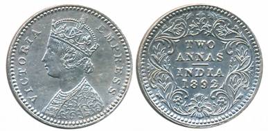 Victoria Empress, Silver 2 Anna, 1892, Calcutta Mint, B/II/C incused (Prid# 507). About ex