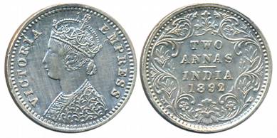 Victoria Empress, Silver 2 Anna, 1892, Bombay Mint, B/II/B incused (Prid# 547). About extr