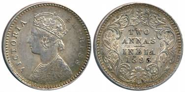 Victoria Empress, Silver 2 Anna, 1893, Calcutta Mint, B/II/C incused (Prid# 508). About ex