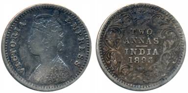 Victoria Empress, Silver 2 Anna, 1893, Bombay Mint, B/II/B incused (Prid# 548). About very