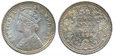 Victoria Empress, Silver 2 Anna, 1894, Calcutta Mint, B/II/C incused (Prid# 509). About Un