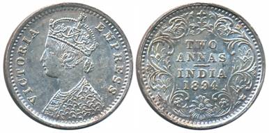 Victoria Empress, Silver 2 Anna, 1894, Bombay Mint, B/II/B incused (Prid# 549). Extremely 