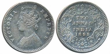 Victoria Empress, Silver 2 Anna, 1895, Calcutta Mint, B/II/C incused (Prid# 510). About ve