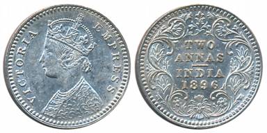 Victoria Empress, Silver 2 Anna, 1896, Calcutta Mint, B/II/C incused (Prid# 511). Extremel