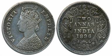 Victoria Empress, Silver 2 Anna, 1896, Bombay Mint, B/II/B incused (Prid# 550). Very fine+