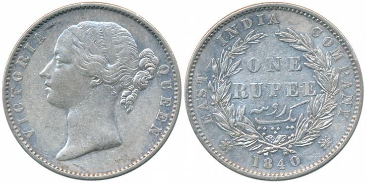 Victoria Queen, Silver Rupee, Divided legend, 1840, Madras Mint, W.W.S raised, round 'S', 