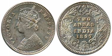 Victoria Empress, Silver 2 Anna, 1897, Calcutta Mint, B/II/C incused (Prid# 512). Extremel
