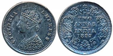 Victoria Empress, Silver 2 Anna, 1897, Bombay Mint, B/II/B incused (Prid# 551). Extremely 
