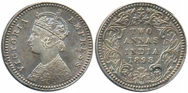 Victoria Empress, Silver 2 Anna, 1898, Calcutta Mint, B/II/C incused (Prid# 513). Extremel