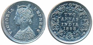 Victoria Empress, Silver 2 Anna, 1898, Bombay Mint, B/II/B incused (Prid# 552). About extr