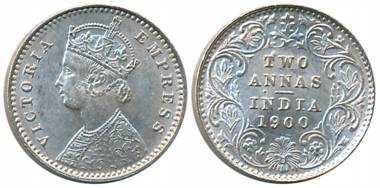 Victoria Empress, Silver 2 Anna, 1900, Calcutta Mint, B/II/C incused (Prid# 514). Extremel