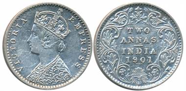 Victoria Empress, Silver 2 Anna, 1901, Calcutta Mint, B/II/C incused (Prid# 515). About ex