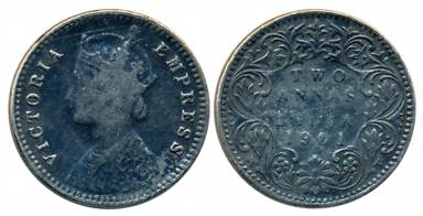 Victoria Empress, Silver 2 Anna, 1901, Bombay Mint, B/I/B raised (Prid# 554). Fine+, rare.