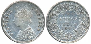 Victoria Empress, Silver 2 Anna, 1901, Bombay Mint, B/I/B incused (Prid# 555). About very 
