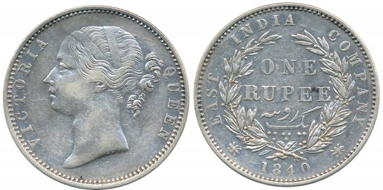 Victoria Queen, Silver Rupee, Divided legend, 1840, Madras Mint, W.W.B. raised, Dot after 