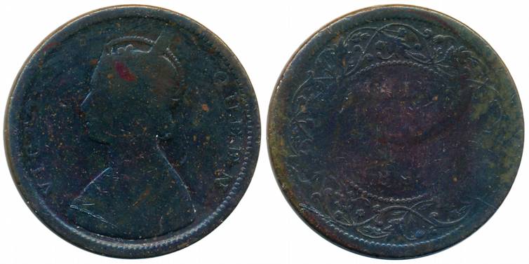 Victoria Queen, Copper 1/2 Anna, 1862, Calcutta Mint, Bust A (Prid# 576). Fine, rare.