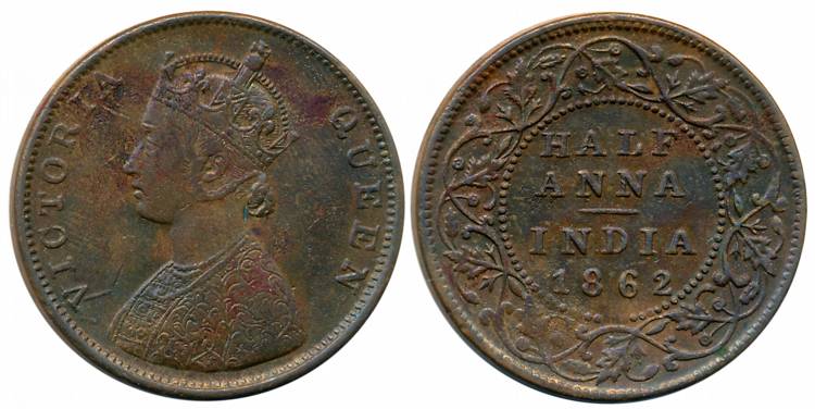 Victoria Queen, Copper 1/2 Anna, 1862, Bombay Mint, Bust A (Prid# 578). Very fine+, scarce