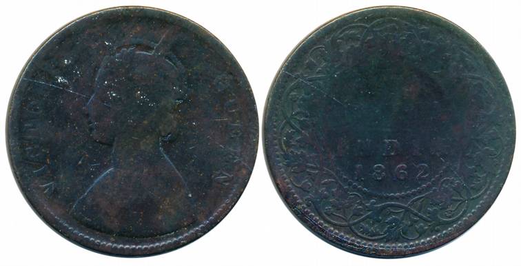 Victoria Queen, Copper 1/2 Anna, 1862, Calcutta Mint, Bust B, Flat top to numeral '1' on R