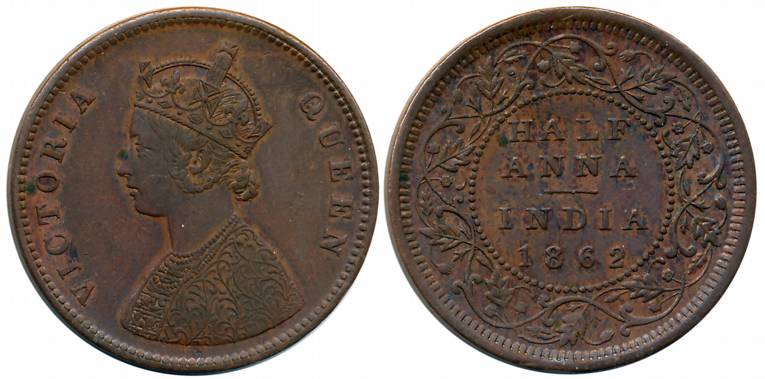 Victoria Queen, Copper 1/2 Anna, 1862, Calcutta Mint, Bust B, Slanting top to numeral '1' 