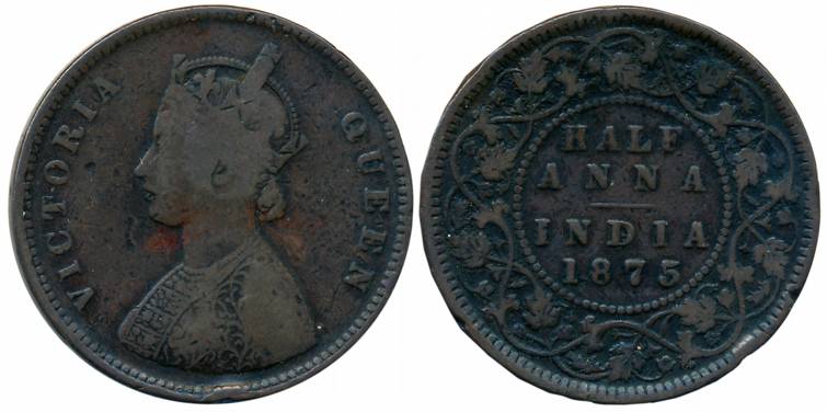 Victoria Queen, Copper 1/2 Anna, 1875, Calcutta Mint, Bust B (Prid# 583). About very fine,