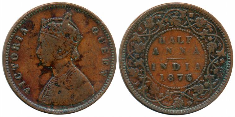 Victoria Queen, Copper 1/2 Anna, 1876, Calcutta Mint, Bust B (Prid# 584). About very fine,