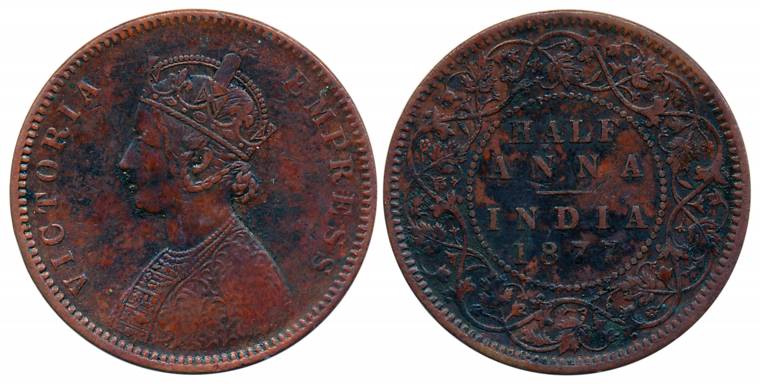 Victoria Empress, Copper 1/2 Anna, 1877, Broad 77 in date, Calcutta Mint, Bust C (Prid# 58