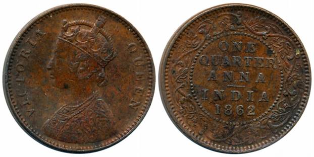 Victoria Queen, Copper 1/4 Anna, 1862, Madras Mint, Bust A, No mint mark (Prid# 604). Very