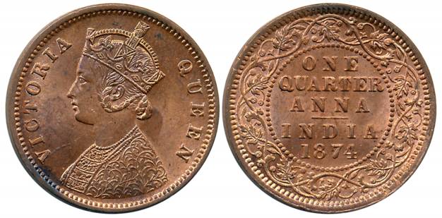 Victoria Queen, Copper 1/4 Anna, 1874, Calcutta Mint (Prid# 608). About uncirculated.