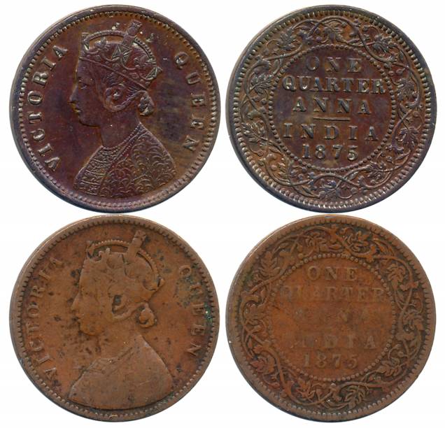 Victoria Queen, Copper 1/4 Anna (2), 1875, Calcutta Mint (Prid# 609), Bombay Mint (Prid# 6