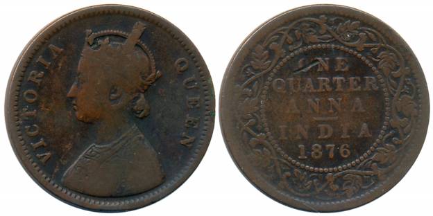 Victoria Queen, Copper 1/4 Anna, 1876, Bombay Mint (Prid# 636). Fine+, scarce.