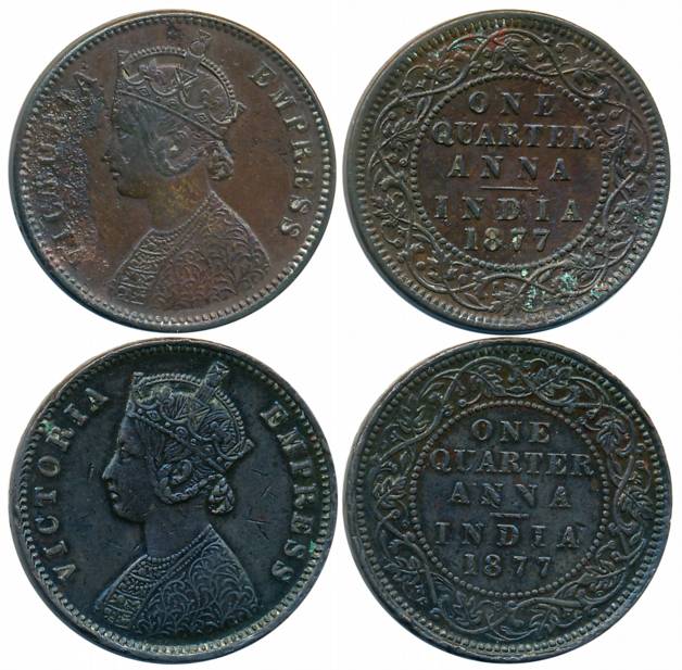 Victoria Empress, Copper 1/4 Anna (2), 1877, Calcutta Mint (Prid# 611) & Bombay Mint (Prid