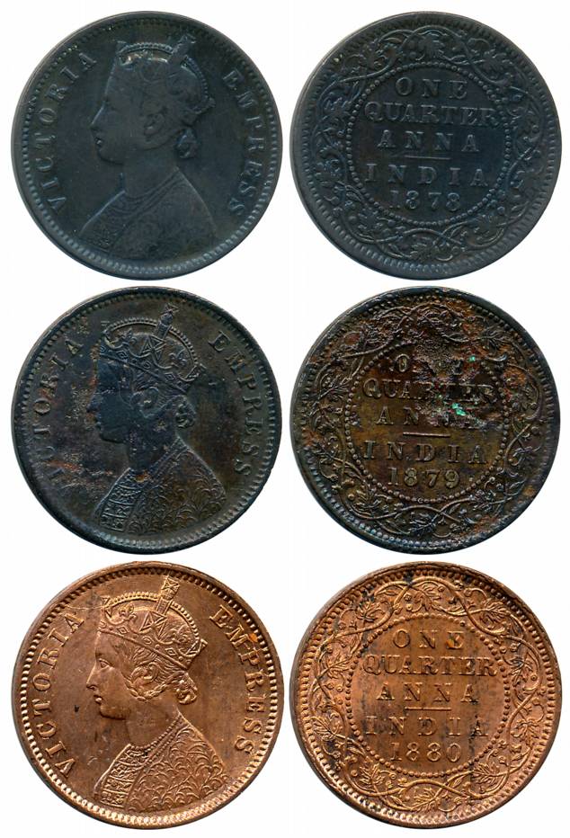 Victoria Empress, Copper 1/4 Anna (3), 1878, Calcutta Mint (Prid# 612), 1879, Calcutta Min