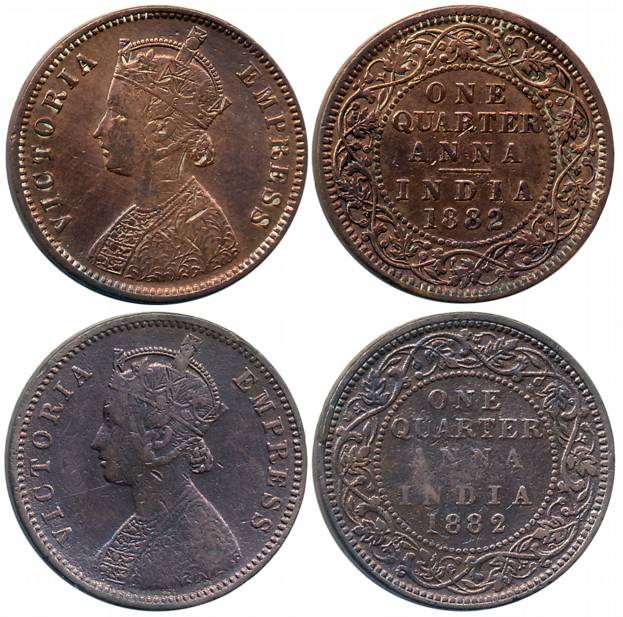 Victoria Empress, Copper 1/4 Anna (2), 1882, Calcutta Mint (Prid# 615) & Bombay Mint (Prid
