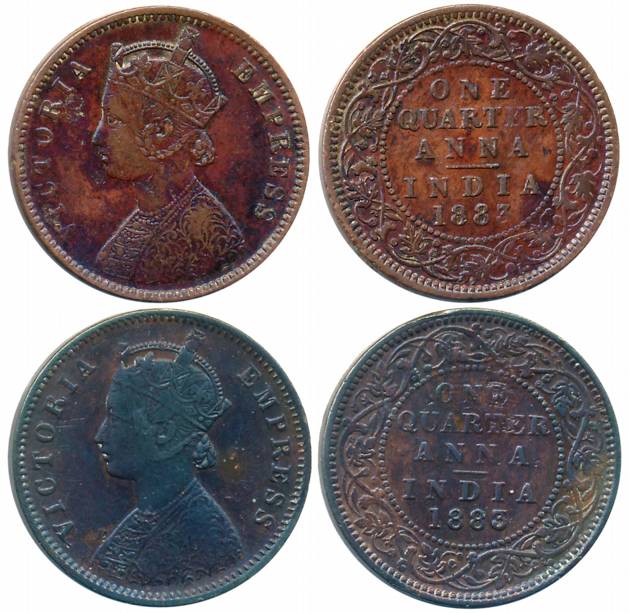Victoria Empress, Copper 1/4 Anna (2), 1883, Calcutta Mint (Prid# 616) & Bombay Mint (Prid