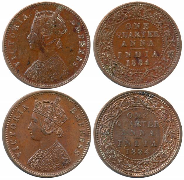 Victoria Empress, Copper 1/4 Anna (2), 1884, Calcutta Mint (Prid# 617) & Bombay Mint (Prid
