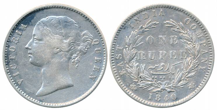 Victoria Queen, Silver Rupee, Divided legend, 1840, Calcutta Mint, W.W. raised, 25 Berries