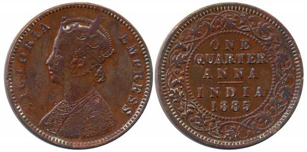 Victoria Empress, Copper 1/4 Anna, 1885, Calcutta Mint (Prid# 618). Very fine, scarce.