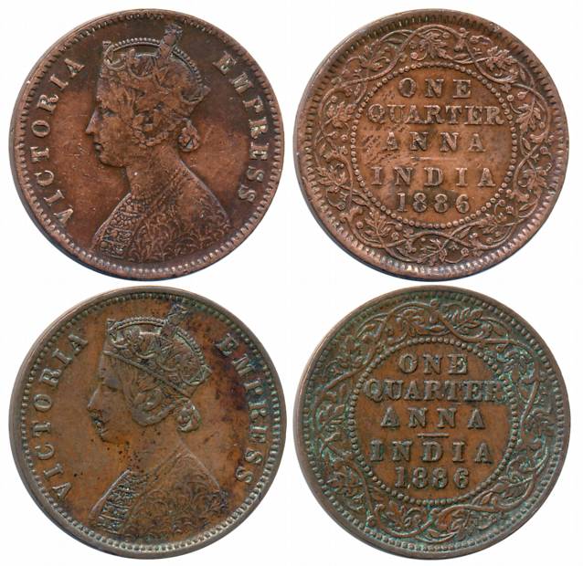 Victoria Empress, Copper 1/4 Anna (2), 1886, Calcutta Mint (Prid# 619) & Bombay Mint (Prid