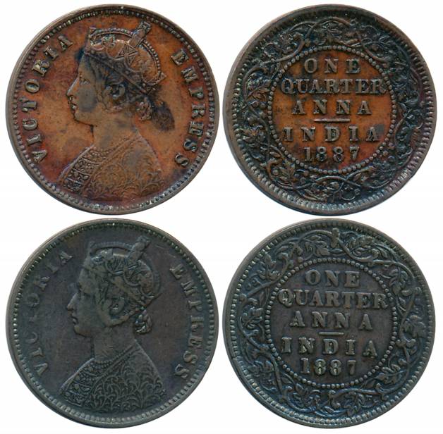 Victoria Empress, Copper 1/4 Anna (2), 1887, Calcutta Mint (Prid# 620) & Bombay Mint (Prid
