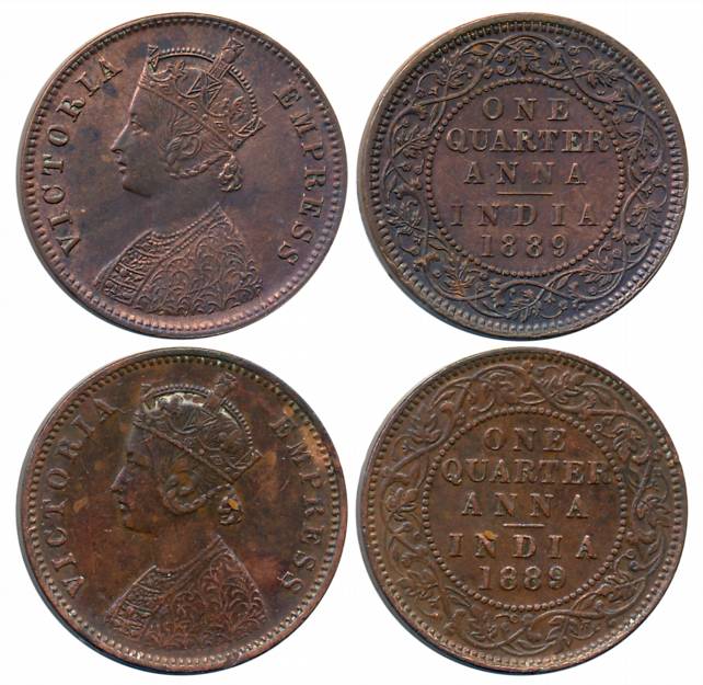 Victoria Empress, Copper 1/4 Anna (2), 1889, Calcutta Mint (Prid# 622) & Bombay Mint (Prid