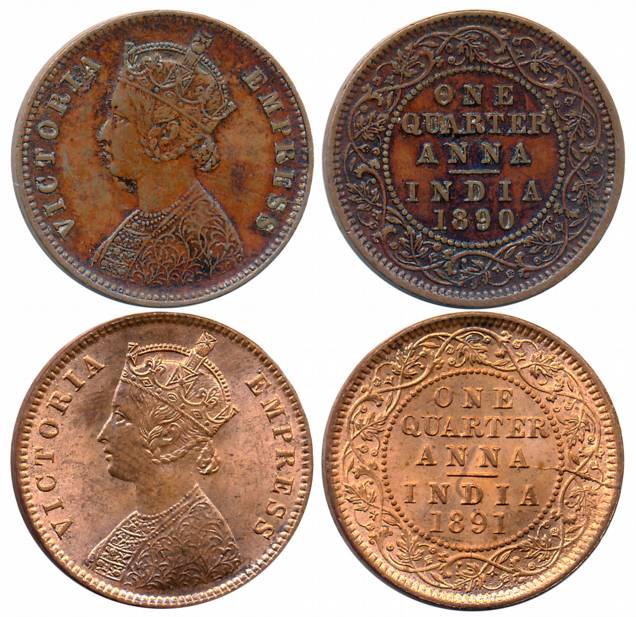 Victoria Empress, Copper 1/4 Anna (2), 1890, Calcutta Mint (Prid# 623) & 1891 (Prid# 624).