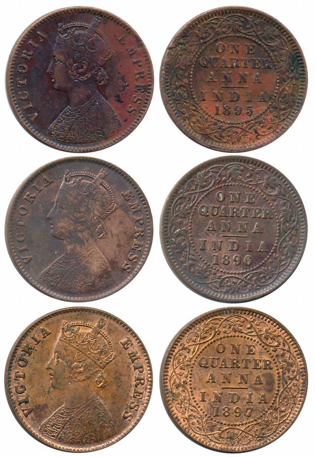 Victoria Empress, Copper 1/4 Anna (3), Calcutta Mint, 1895 (Prid# 628), 1896 (Prid# 629) &