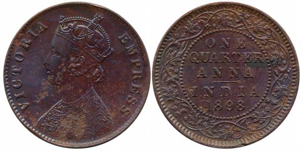 Victoria Empress, Copper 1/4 Anna, Calcutta Mint, 1898 (Prid# 631). Very fine, rare.