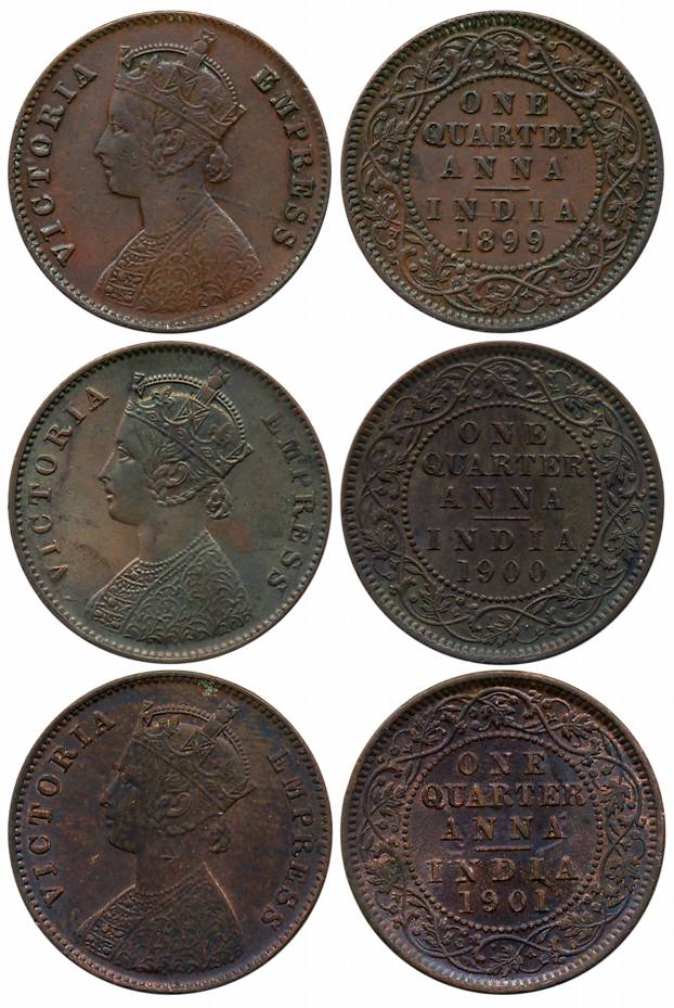 Victoria Empress, Copper 1/4 Anna (3), Calcutta Mint, 1899 (Prid# 632), 1900 (Prid# 633) &